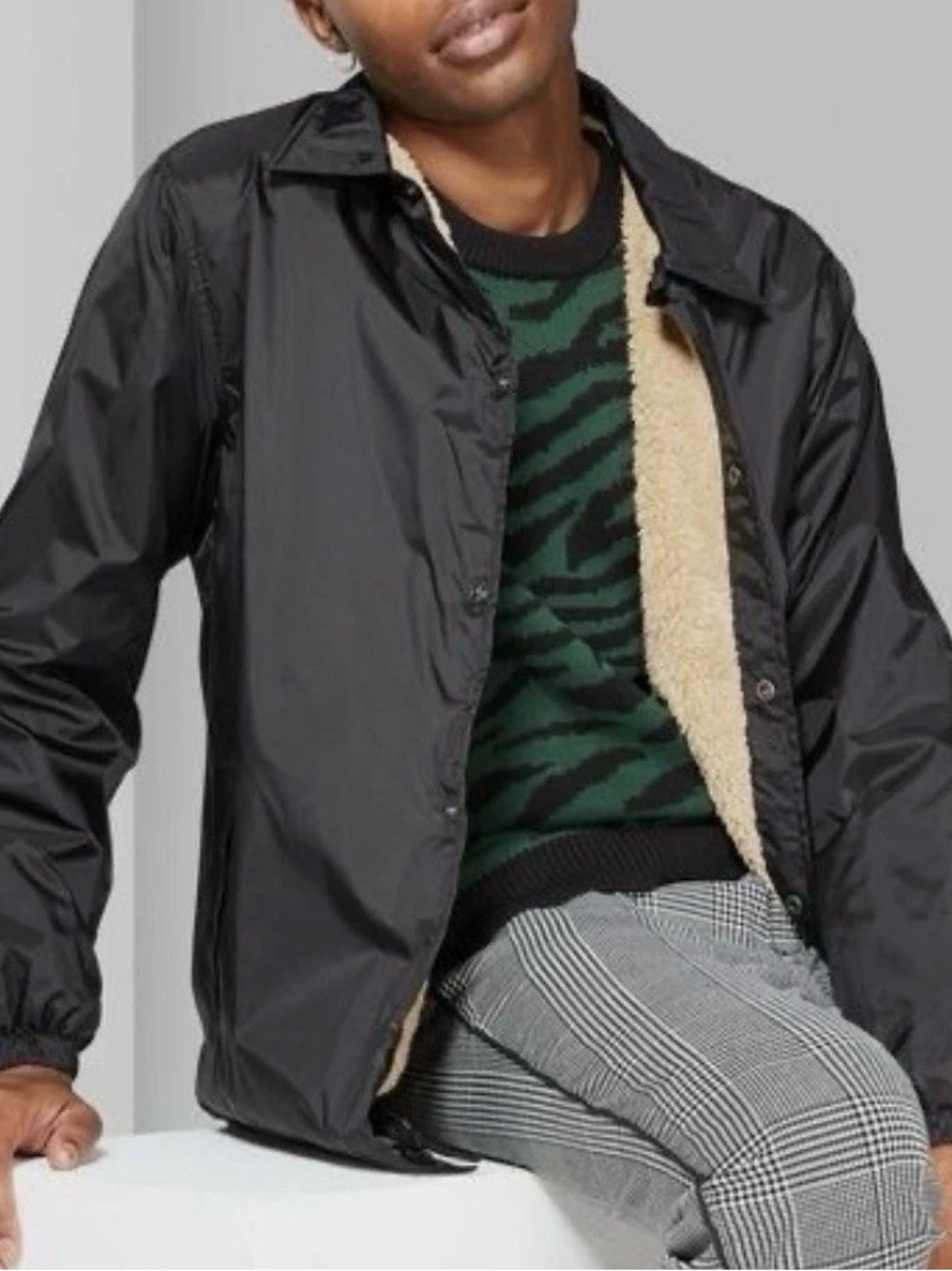 Undefeated Black Coach Jacket with Cream Sherpa Lining